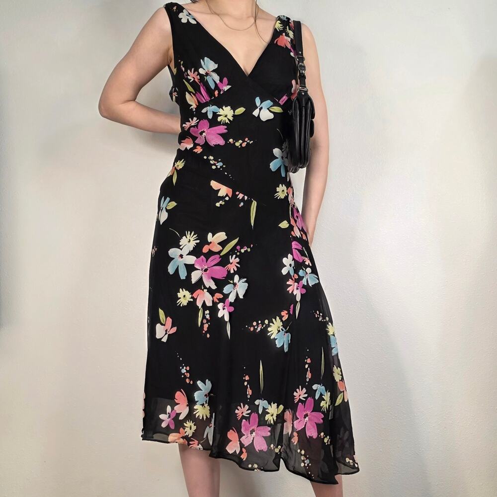 Jones Wear Black Floral Midi Dress Sleeveless Chiffon Y2K Wedding Guest Size 12